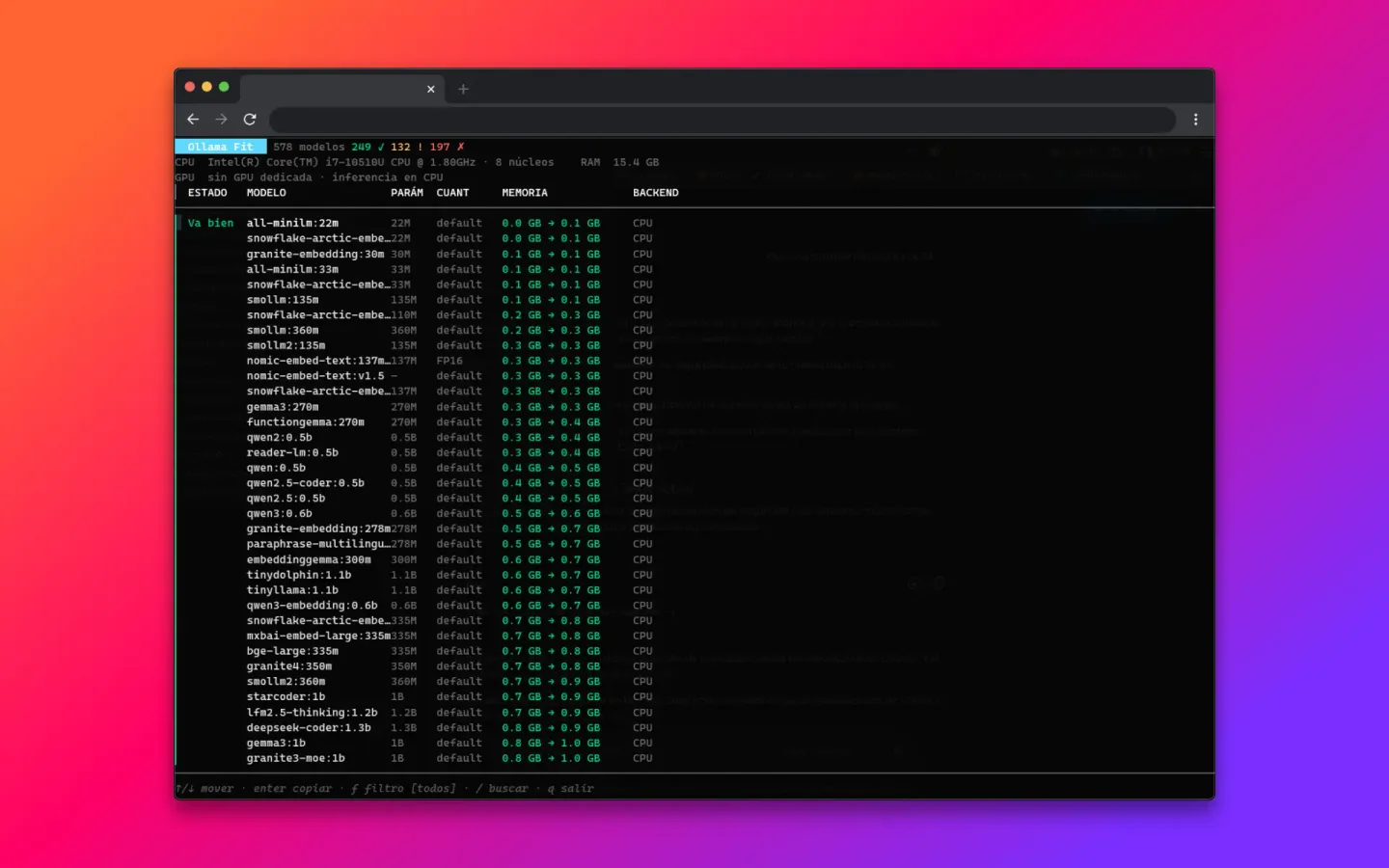 Ollama-Fit: TUI y CLI en Go que cruza el hardware del equipo con el catálogo de Ollama para estimar qué modelos locales puede ejecutar.