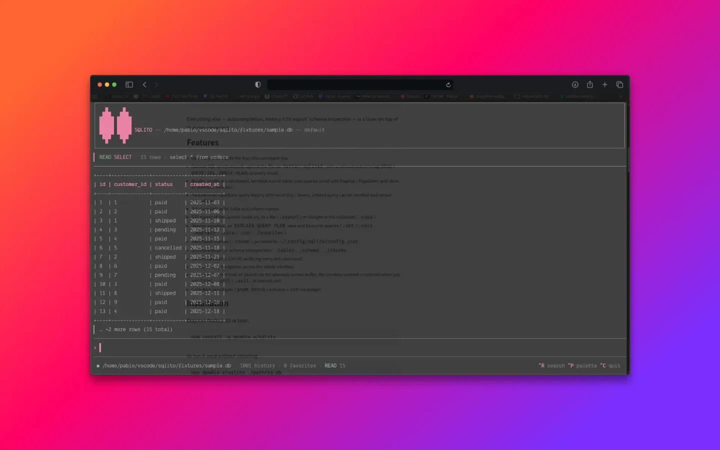 SQLito: Cliente SQLite keyboard-first para el terminal: el SQL es la interfaz; historial, autocompletado y tabla de resultados solo sostienen el flujo.